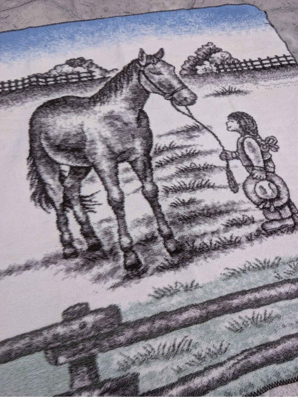 Vtg Earth Ragz Throw Blanket Plush Fleece Horse Girl Equestrian Western 48x52